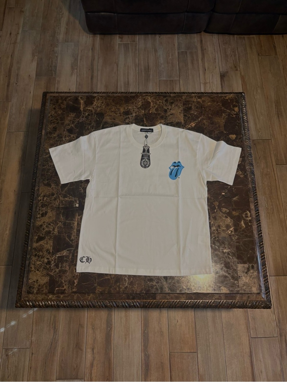 Chrome Hearts White Tee with Blue Tongue Graphic